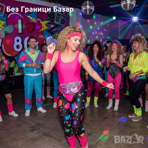 Нов 80s дамски костюм аеробика комплект клин гети лента чантичка L размер, снимка 5 - Други - 53573154