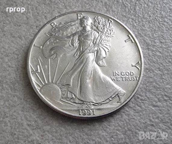САЩ. 1 сребърен долар. 1991 година.  Американски сребърен орел  Сребро 0.999., снимка 4 - Нумизматика и бонистика - 45186198