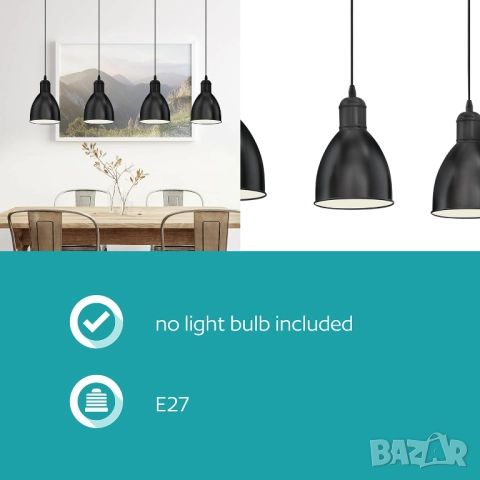 Eglo Priddy 4 Лампов Индустриален Пендел – Винтидж Дизайн, Метал, E27, Черно Бяло!, снимка 3 - Лампи за таван - 52696283