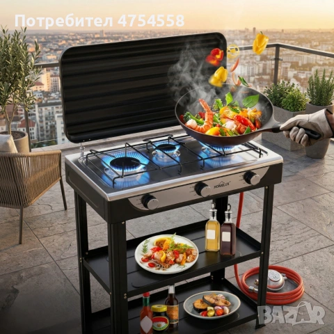 Газова печка HOMELUX с 3 горелки – 5.4 kW, комплект с маркуч и регулатор, идеален за къмпинг и двор, снимка 4 - Котлони - 54159350