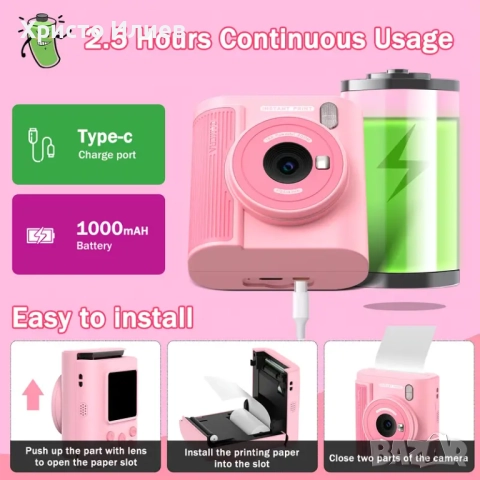 Моментална камера за деца детска камера с функция за печат фотоапарат с вградени игри 32GB карта, снимка 6 - Фотоапарати - 51454781