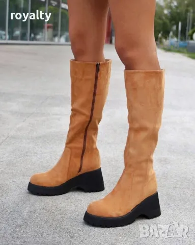 Ботуши на платформа - кафяв велур с черно ходило