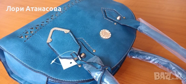Тъмно синя дамска чанта кожа с две основни дръжки, снимка 5 - Чанти - 54017449