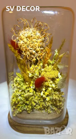 Стъклен купол с украса от суха растителност, снимка 2 - Декорация за дома - 49649334