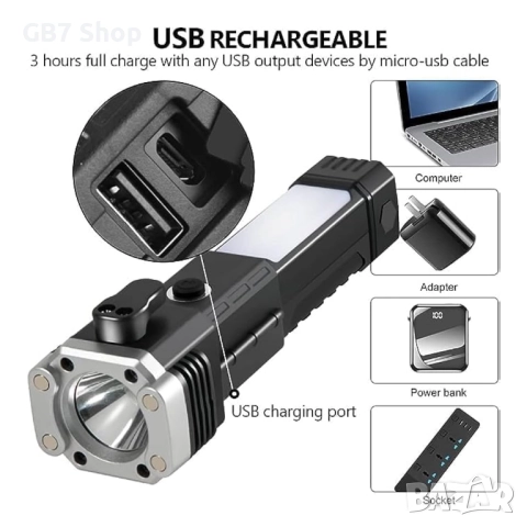 🔦 4 в 1 Многофункционален LED Фенер с USB Зареждане, Power Bank, Автомобилен Сейфти Чук и Нож , снимка 7 - Аксесоари и консумативи - 52741016