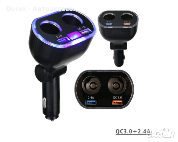 Разклонител за запалка 12V/24V с волтметър, 2 гнезда и QC 3.0 USB, снимка 2 - Аксесоари и консумативи - 53872843