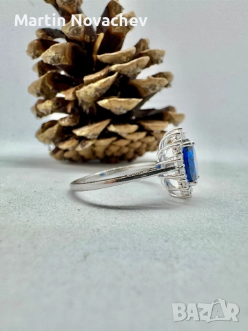 Сребърен пръстен със синтетичен сапфир , снимка 5 - Пръстени - 53331648