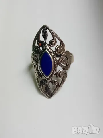 Старинен сребърен ажурен пръстен с Лазурит, снимка 2 - Пръстени - 50206710