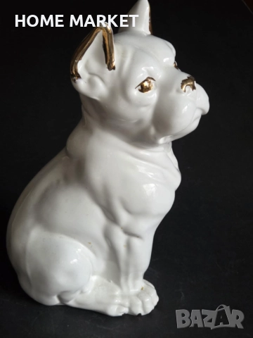Бяла порцеланова фигура – Френски булдог с позлата, Germany. Елегантна и чаровна порцеланова фигура 