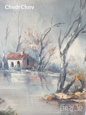 67х55см/голяма картина масло върху платно/есенен пейзаж/къща-река-дървета/дървена рамка, снимка 3 - Картини - 50896163