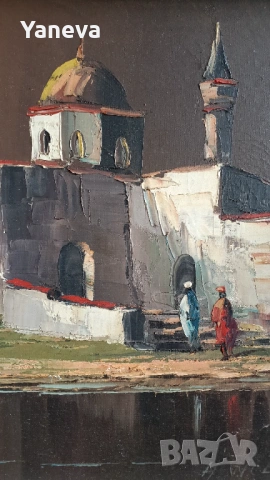 Стара картина , „Ориенталски пейзаж“ с маслени бои върху платно в рамка. , снимка 4 - Картини - 53726938