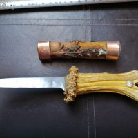 Стар нож с дръжка от рог и кания от орех с камъни, снимка 4 - Ножове - 44295527