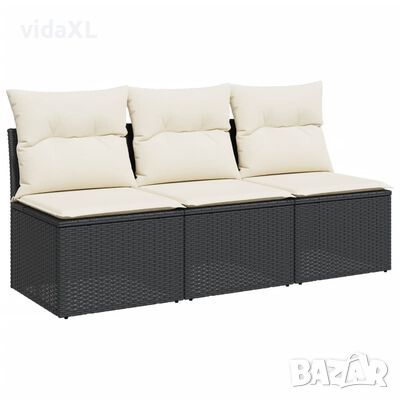 vidaXL Градински диван с възглавници, 3-местен, черен, полиратан, снимка 1
