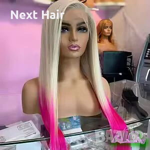 Лейс фронт права руса перука два цвята с розови краища с дантела, снимка 1