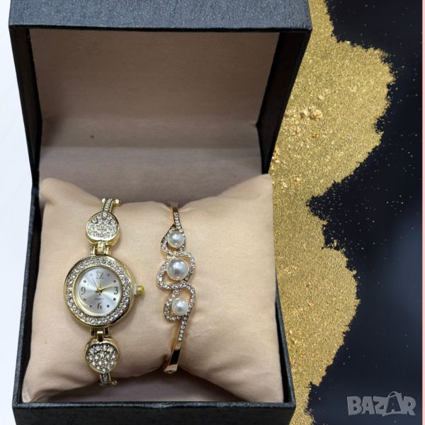 Елегантен дамски комплект часовник с камъни цирконии и красива гривна в комбинация с перли и циркони, снимка 1