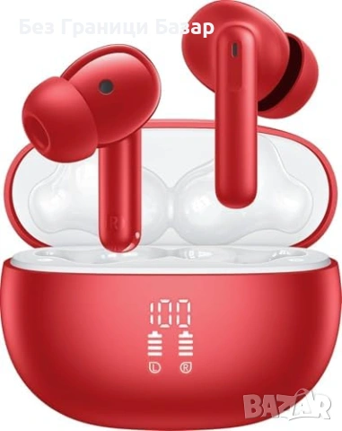 Нови Безжични спортни слушалки Mini Bluetooth 5.4 LED дисплей Червени с кутия за зареждане