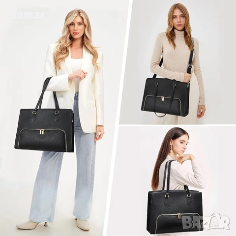 Чанта за обяд Jetviivid с отделение за лаптоп за жени, работна чанта от PU кожа с презрамка, черна, снимка 5 - Чанти - 51734553