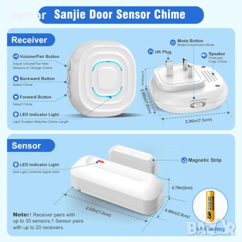 SANJIE Безжичен сензор за аларма за врата, 3 режима, 30 мелодии, 1 приемник и 1 сензор, снимка 9 - Други стоки за дома - 53933807