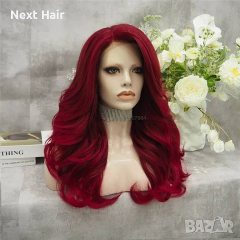 Луксозна бордо бургунди перука с дълбоки вълни и дантела лейс фронт, снимка 3 - Аксесоари за коса - 51119963