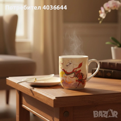 Подаръчен късметлийски порцеланов комплект – чаша, чинийка и лъжичка с празничен дизайн на коне, снимка 5 - Други - 52576629