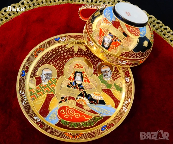 Чаша с чиния японски порцелан Satsuma,злато. , снимка 8 - Антикварни и старинни предмети - 51659926