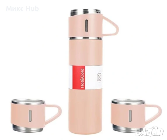 Подаръчен комплект термос с 3 чаши, зелен, розов, сив , снимка 4 - Други стоки за дома - 53607962