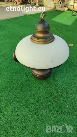 Масивен старинен месингов полилей с голяма куполна стъкленица , снимка 7 - Полилеи - 52805982
