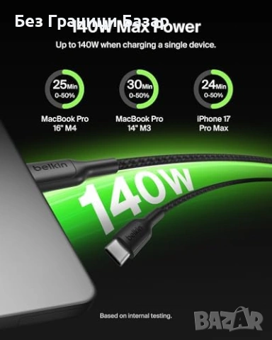Нов заряден Belkin 2 в 1 USB-C към 2x USB-C кабел 140W PD плетен 1.5м, снимка 3 - Друга електроника - 53692352
