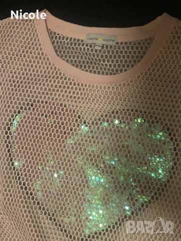 Уникална диско мрежеста блуза със сърце от паети, на марката: CASHE Размер: 170 / 92А, снимка 9 - Тениски - 50864048