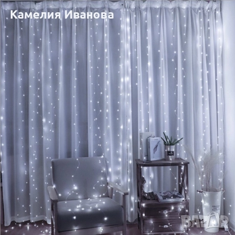 Коледни лампички с 300Led лампи 3 метра на 3 метра ,коледна завеса с дистанционно. С кукички за зака, снимка 3 - Лед осветление - 52236274
