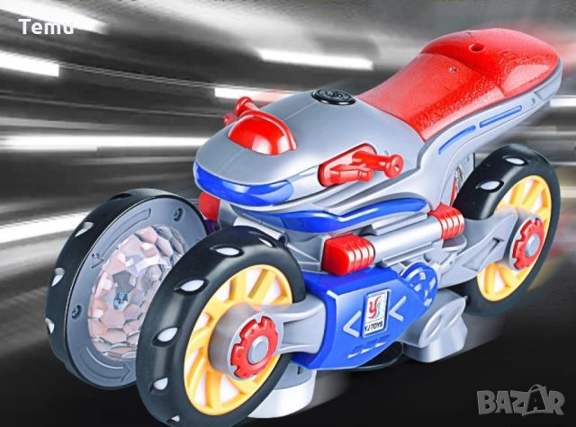 Каскадна, светеща играчка мотор, въртяща се на 360 градуса с подвижни гуми, снимка 5 - Коли, камиони, мотори, писти - 45700149
