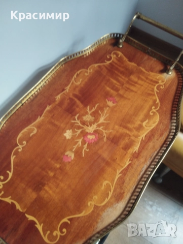 Старинна количка за сервиране с интарзия., снимка 5 - Антикварни и старинни предмети - 52512381