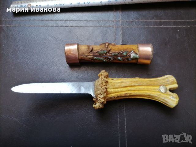 Стар нож с дръжка от рог и кания от орех с камъни, снимка 4 - Ножове - 44295527