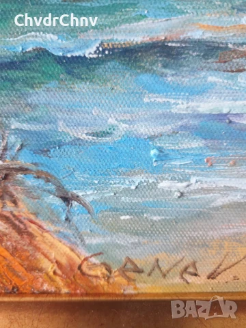 Димитър Генев 33x27см/малка българска картина масло върху платно/морски пейзаж/рибарски лодки-колиба, снимка 6 - Картини - 51153042