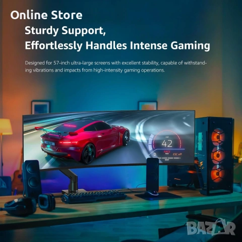 BEWISER рамо за ултраширок монитор 34"–49" до 20 кг – регулируемо с газова пружина, снимка 3 - Друга електроника - 54169948