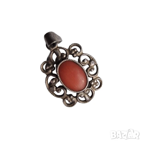 Сребърна висулка с естествен корал – проба 835, винтидж дизайн, снимка 1