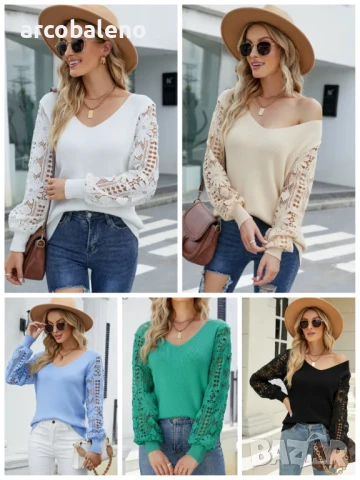 Дамски едноцветен дантелен пуловер, 5цвята 