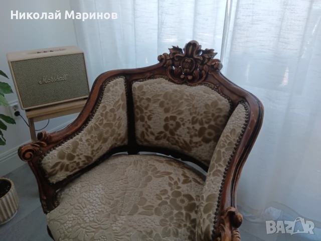 Елегантна холна гарнитура от масивен орех, бароков стил – 1970 г., снимка 6 - Дивани и мека мебел - 51308349