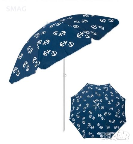 Flap Плажен чадър Сини бели котви 2 пръстена Метална рамка - 2 м, снимка 1 - Други - 46292280