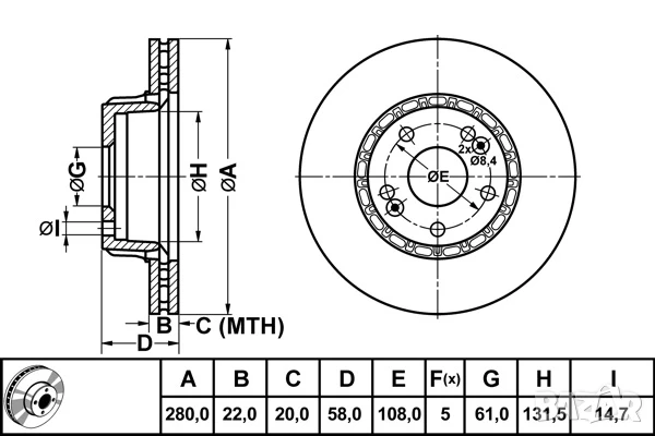 Диск спирачен преден дeсен/ляв за RENAULT 25,ESPACE 84-96г.№ R1221V, снимка 2 - Части - 50767089