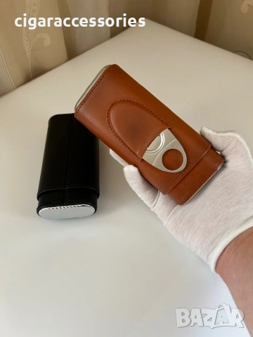 Калъф за 3 пури – естествена кожа, кедър, с ножче, черен/кафяв, снимка 5 - Табакери - 54097882