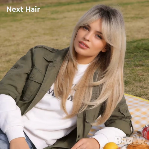 Руса перука с тъмни корени и бретон – 60 см, на пластове, синтетична, снимка 3 - Аксесоари за коса - 53948471