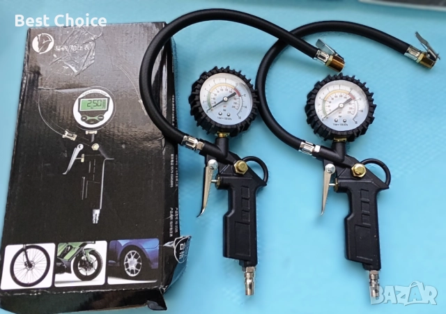 Аналогови манометри за налягане в гумите с пистолетна ръкохватка.
