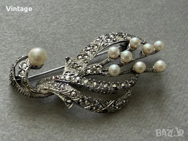 Царствена уникална масивна старинна сребърна брошка с перли и марказити , снимка 6 - Антикварни и старинни предмети - 54223331