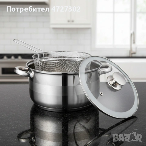 Тенджера с кошница за пържене и стъклен капак Cheffinger Ø24 см – инокс, 6,5 л, за всички котлони, снимка 5 - Съдове за готвене - 53721929