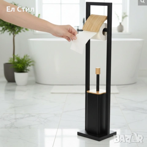 Стойка 2в1 Cheffinger за баня с тоалетна четка и държач за тоалетна хартия – метал и дърво, снимка 2 - Други стоки за дома - 53573377