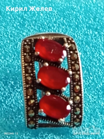 Сребърна обеца с инкрустирани кристали и ювелирно полиран ЧЕРВЕН ГРАНАТ 41831, снимка 5 - Обеци - 52854380