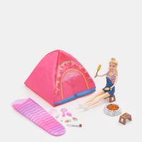 Комплект кукла Барби с палатка, спален чувал и др, снимка 1 - Кукли - 45873928