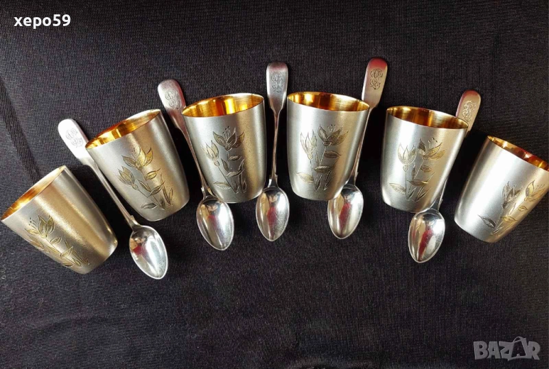 СССР-сребърни 875 чаши с позлата,шест броя/Царска Русия пет лъжички сребро 84-100 лв за брой/, снимка 1