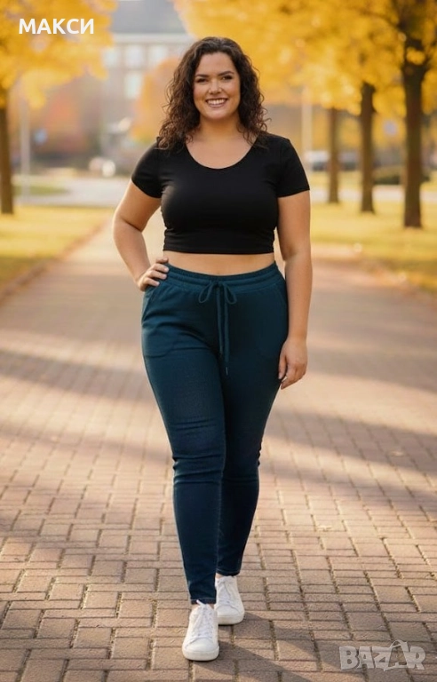 Луксозно макси ватирано еластично долнище с висока ластична талия, кор.вързалка и джобове в син петр, снимка 1